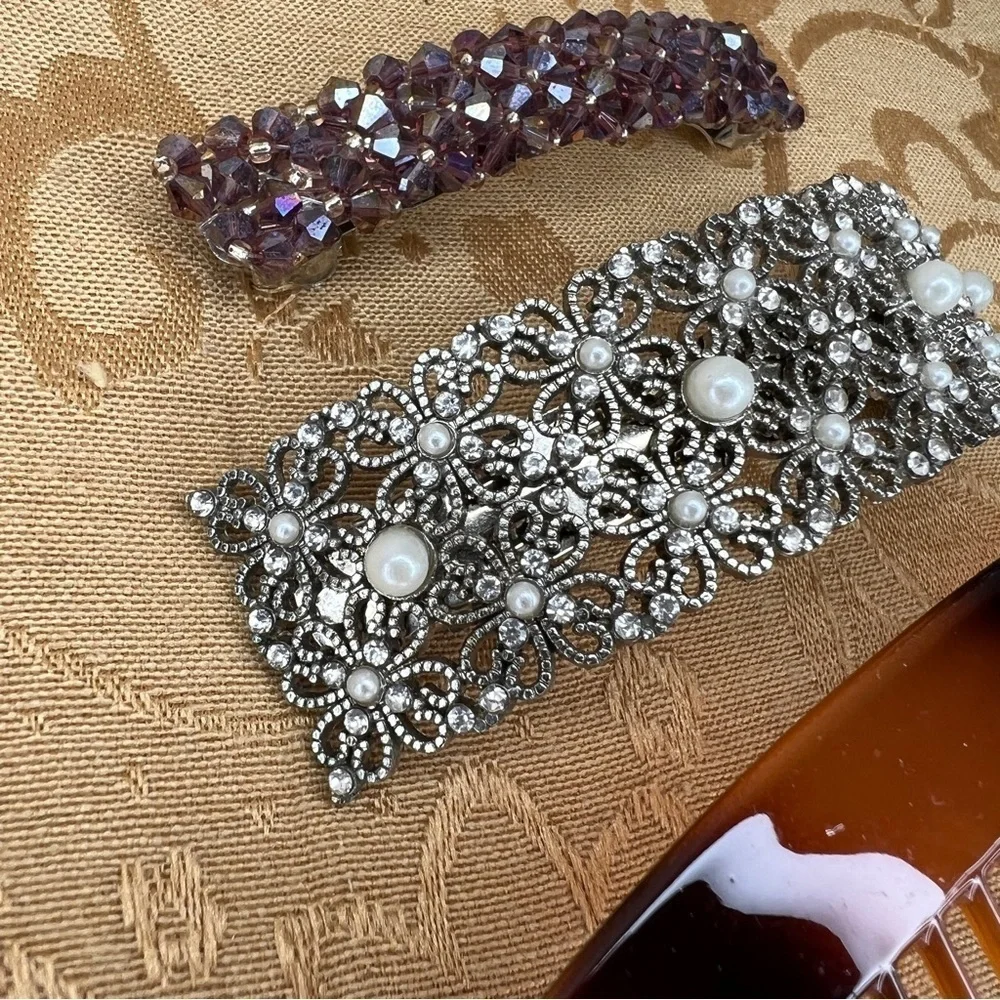 Set Of 3 Hair Accessories Lot Tortoise Glam Rhinestone Gemstone Clip In Event